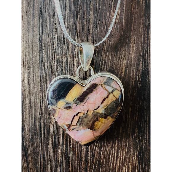 Sterling Silver Argentine Rhodozite Heart Pendant Pink Black Gray 1.5” 15g Boho - Picture 8 of 9